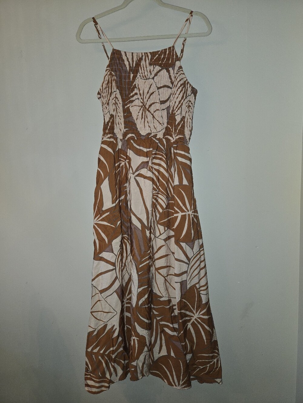 Baltic Born Smocked [Medium] Tropical Palm Dress Brown Tan Pockets Resortwear